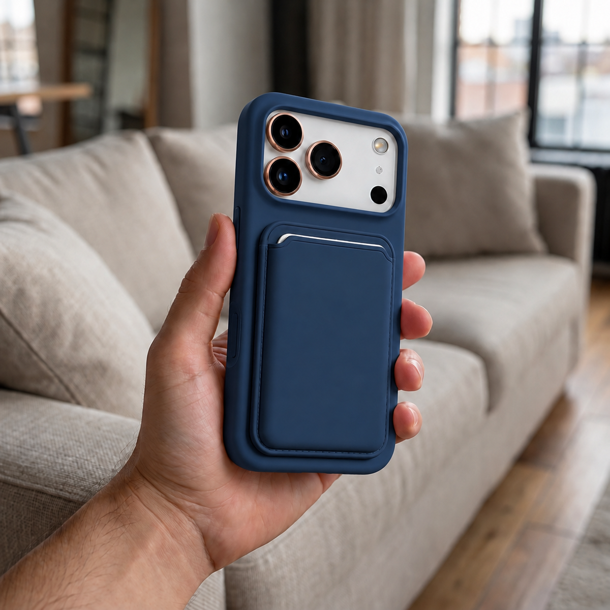 Premium Liquid Silicone iPhone Case with Magnetic Card Holder - Navy Blue