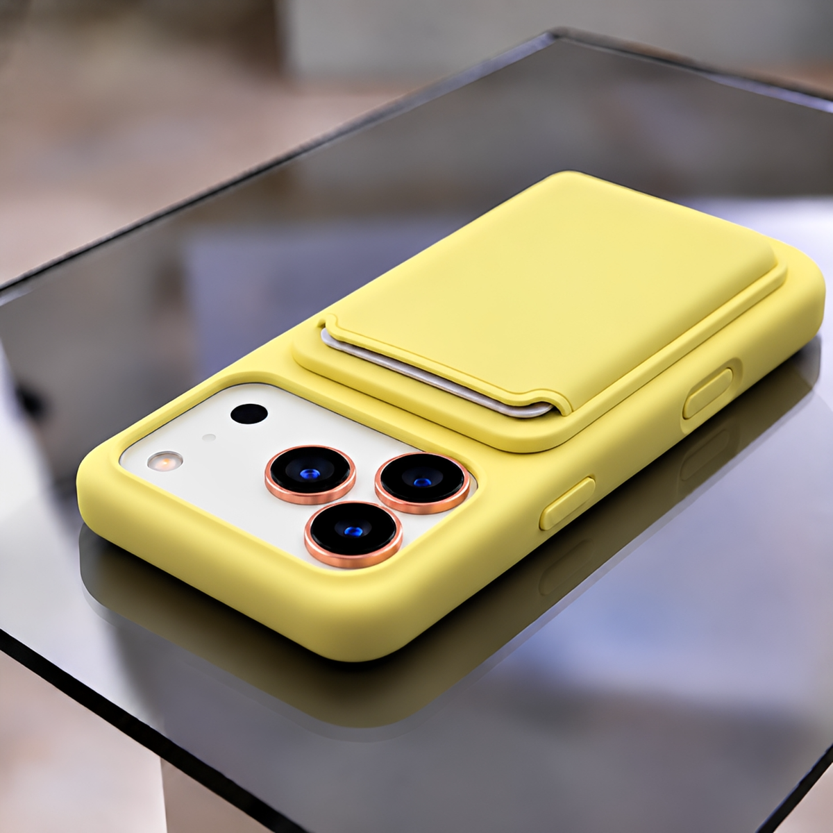 Premium Liquid Silicone iPhone Case with Magnetic Card Holder - Milk Yellow