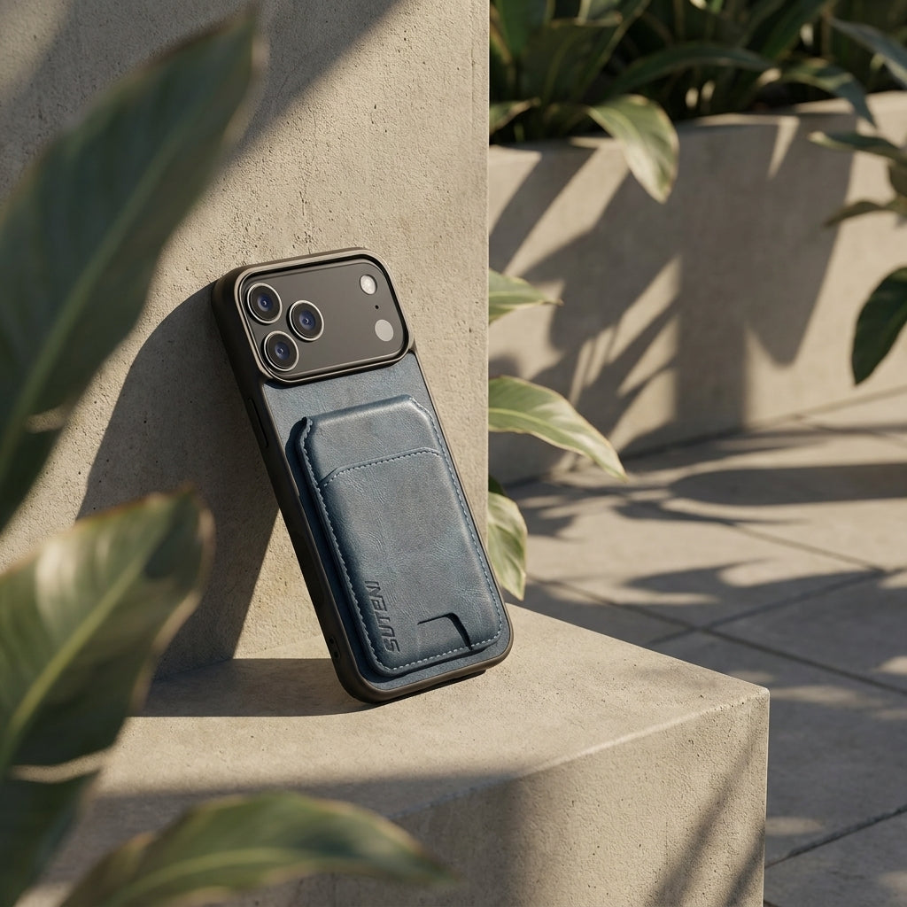 Vintage Waxed Leather iPhone Case with Built-in Card Holder – Blue