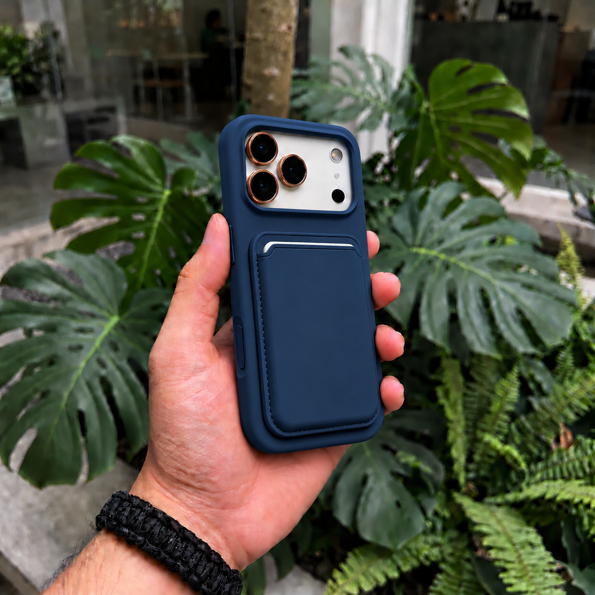 Premium Liquid Silicone iPhone Case with Magnetic Card Holder - Navy Blue