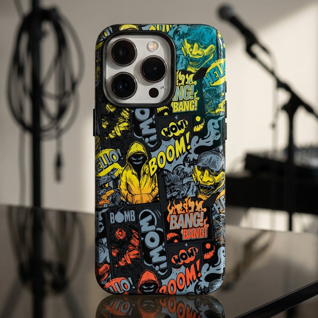 Comic Chaos Yellow Matte Glass MagSafe iPhone Case – lifestyle view 2