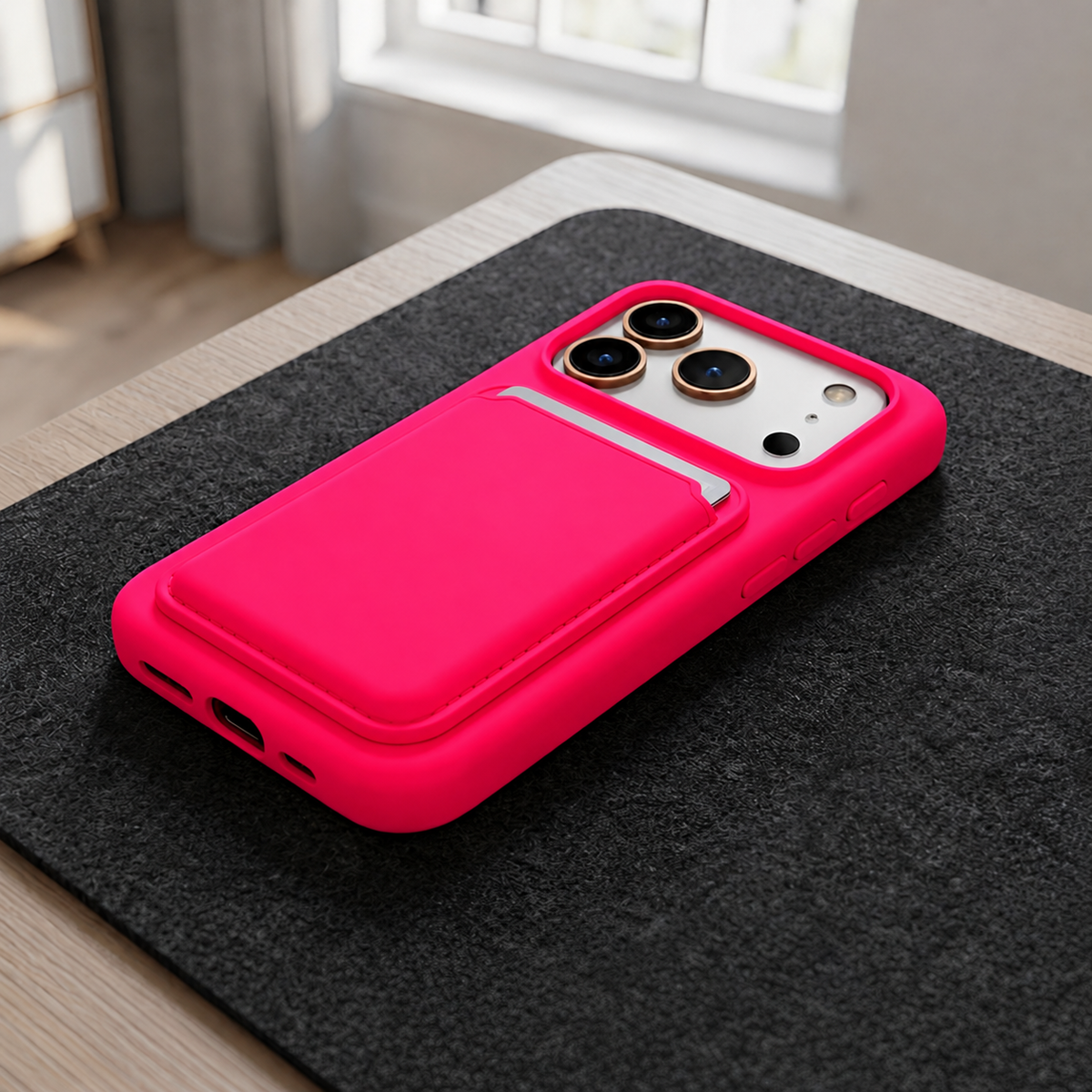 Premium Liquid Silicone iPhone Case with Magnetic Card Holder - Neon Red