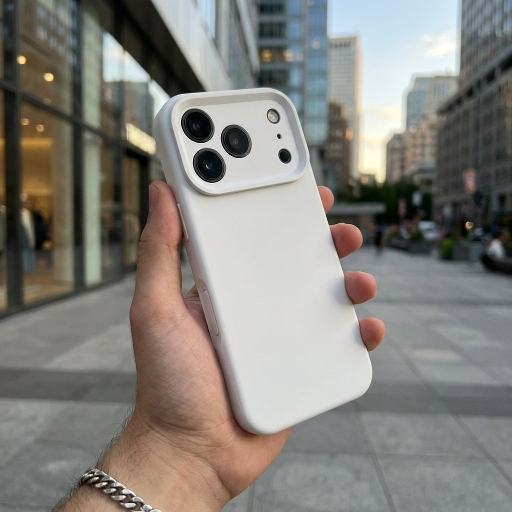 Premium Liquid Silicone iPhone Case – Precision Camera – White