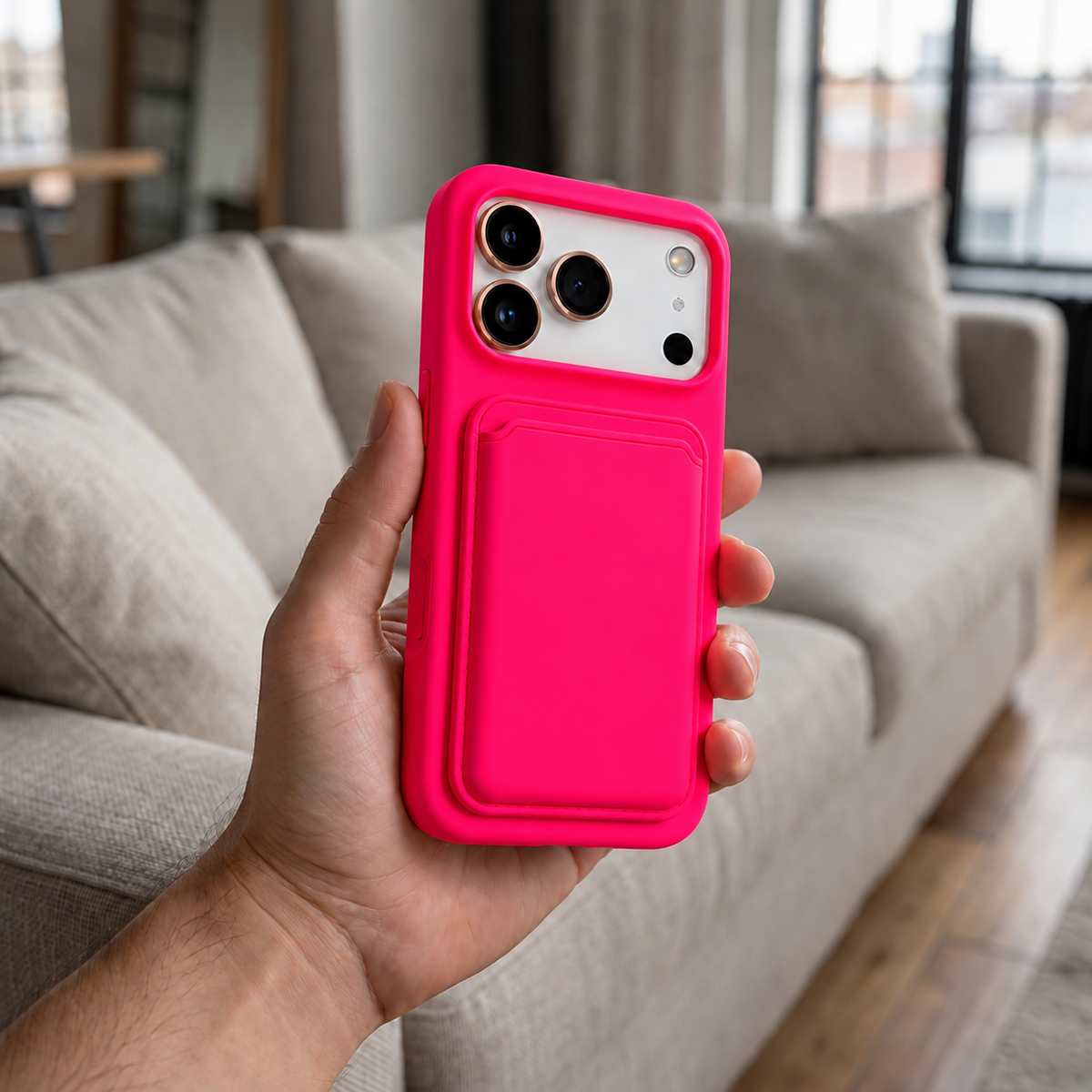 Premium Liquid Silicone iPhone Case with Magnetic Card Holder - Neon Red