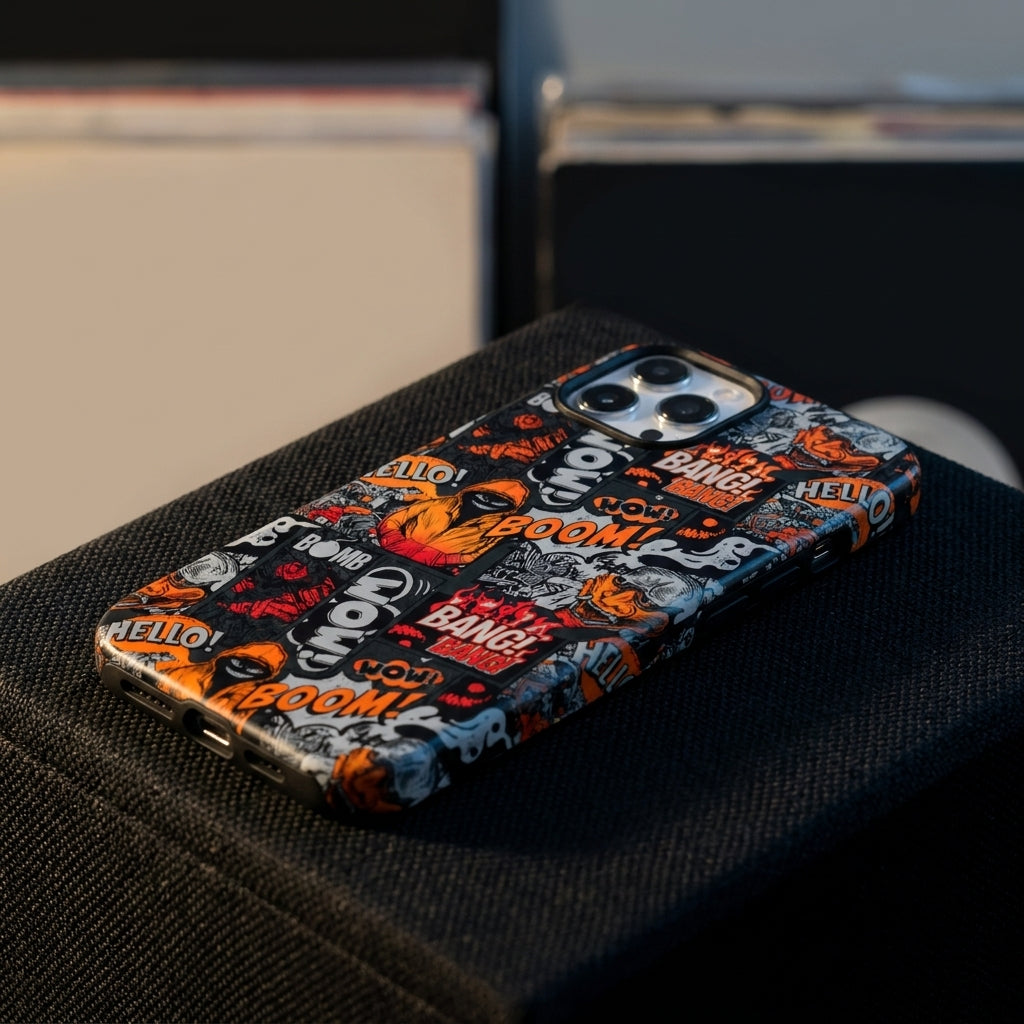 Comic Chaos Orange Matte Glass MagSafe iPhone Case – lifestyle view 2