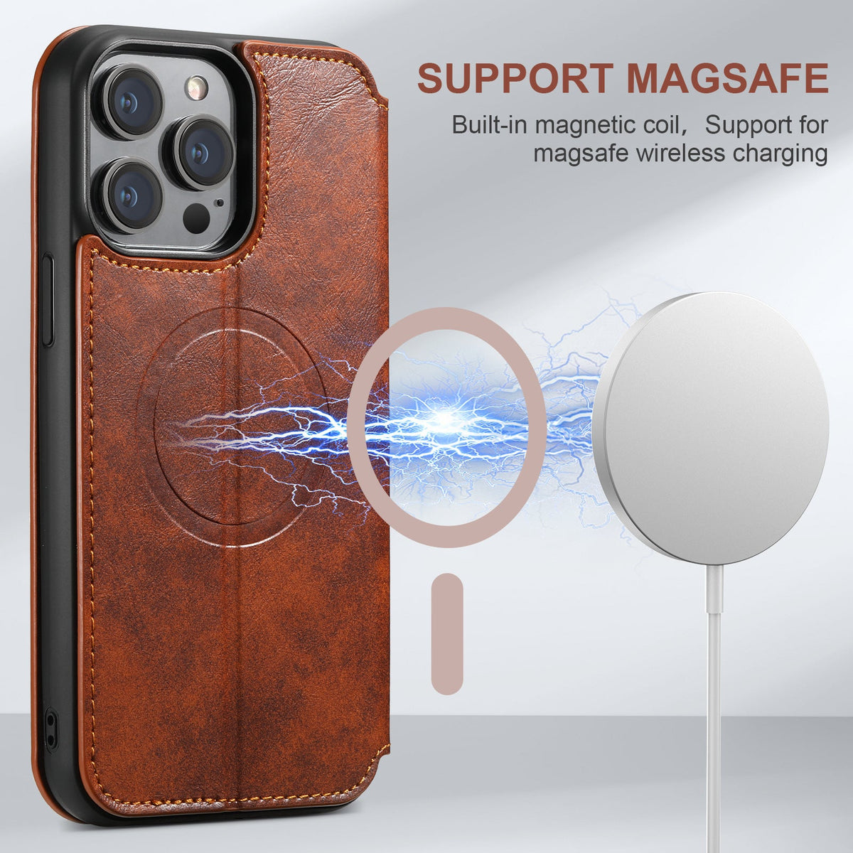 Vintage Waxed Leather MagSafe iPhone Case with Folio Card Holder - Khaki