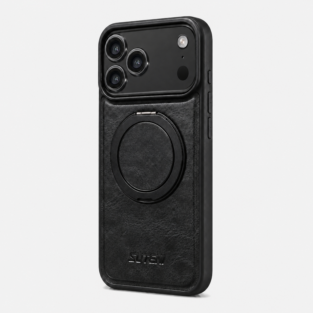 Vintage Waxed Leather MagSafe iPhone Case with Rotating Ring Holder - Black