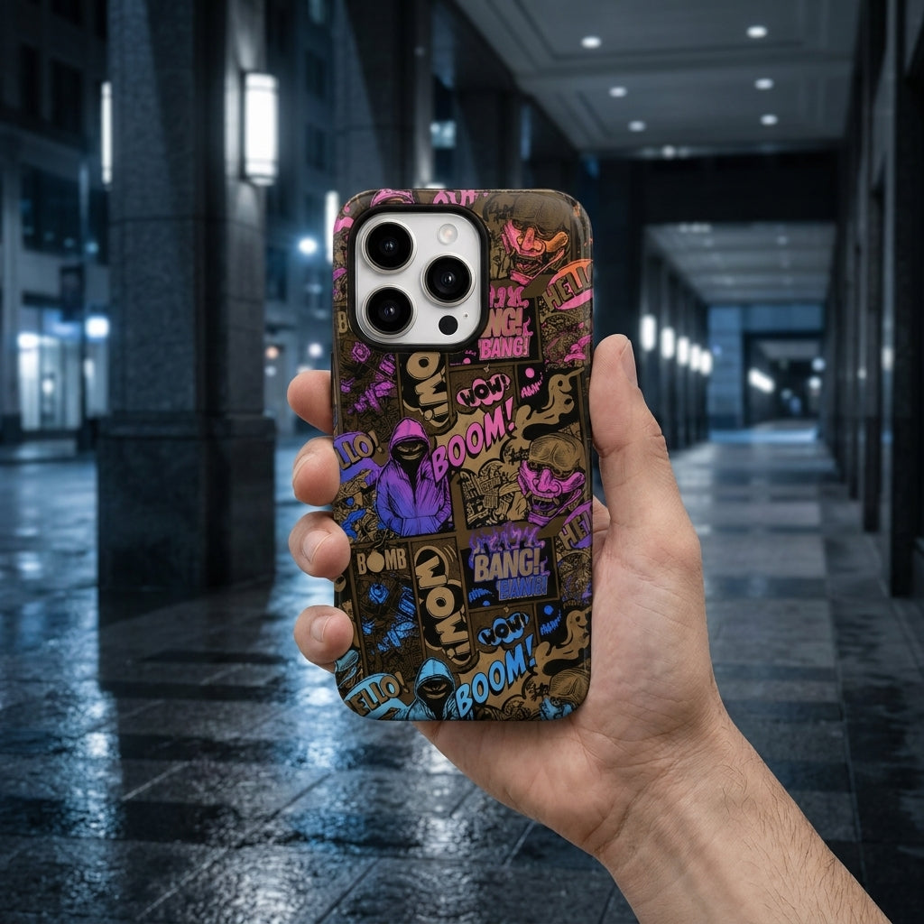 Comic Chaos Purple Matte Glass MagSafe iPhone Case – lifestyle view 6