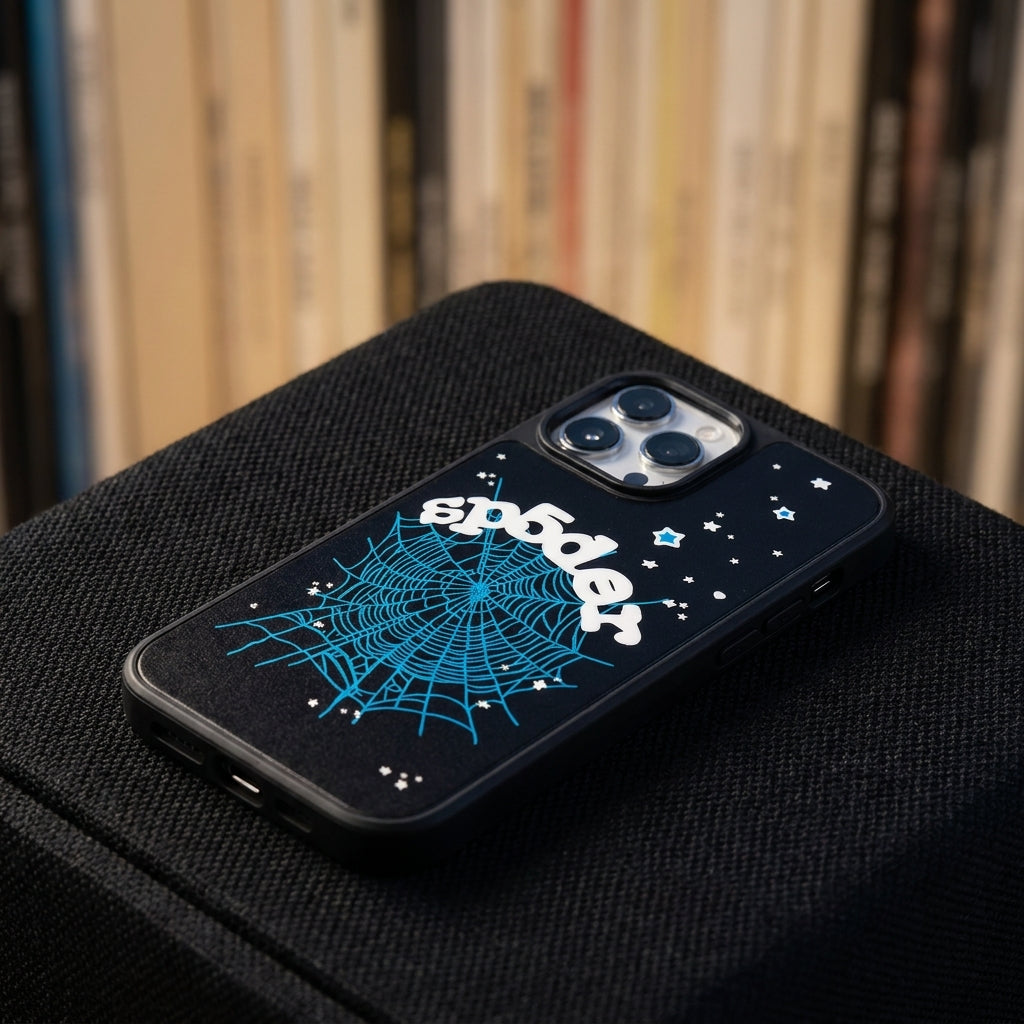 Spider Web Streetwear MagSafe Glass iPhone Case - Blue – lifestyle view 2