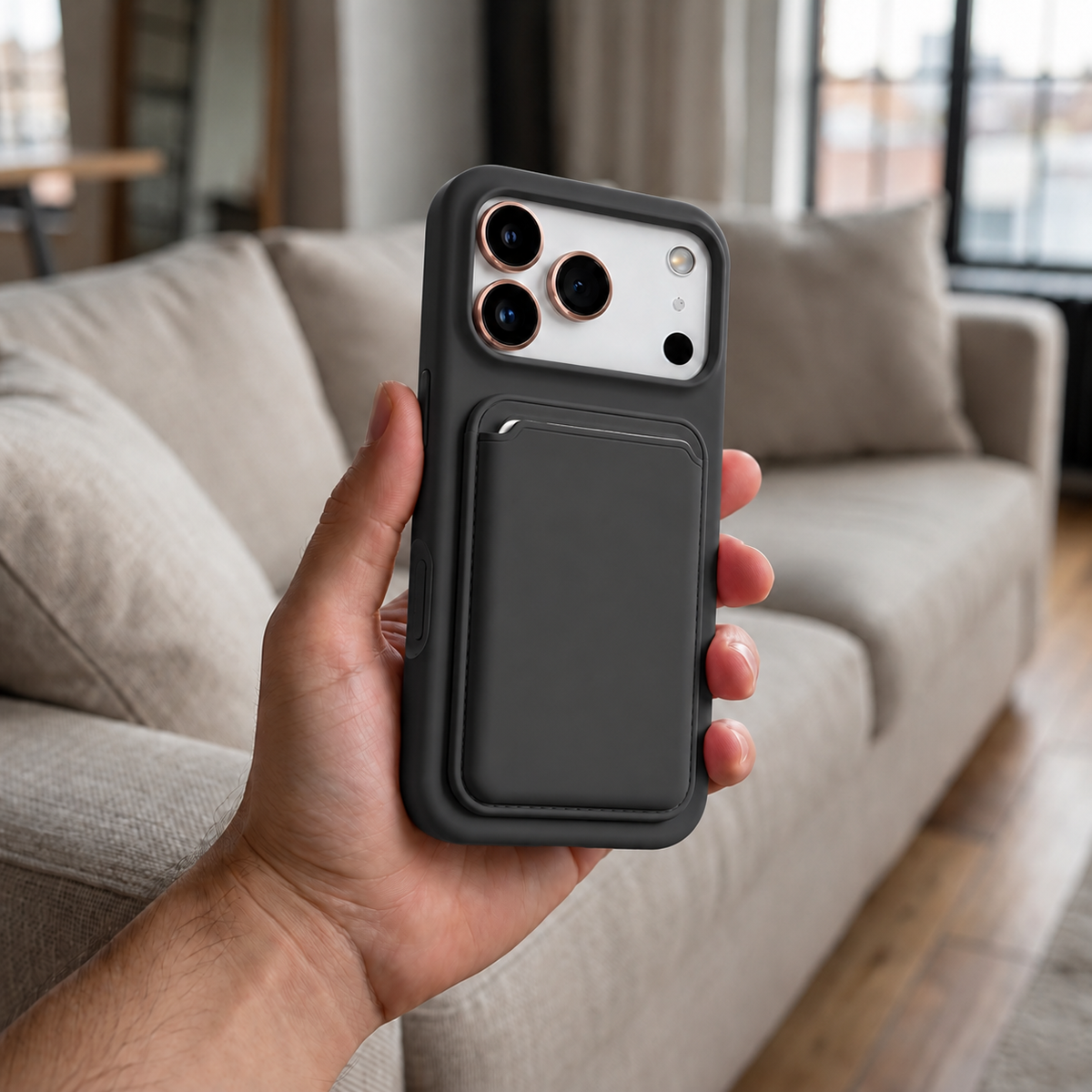 Premium Liquid Silicone iPhone Case with Magnetic Card Holder - Charcoal Gray