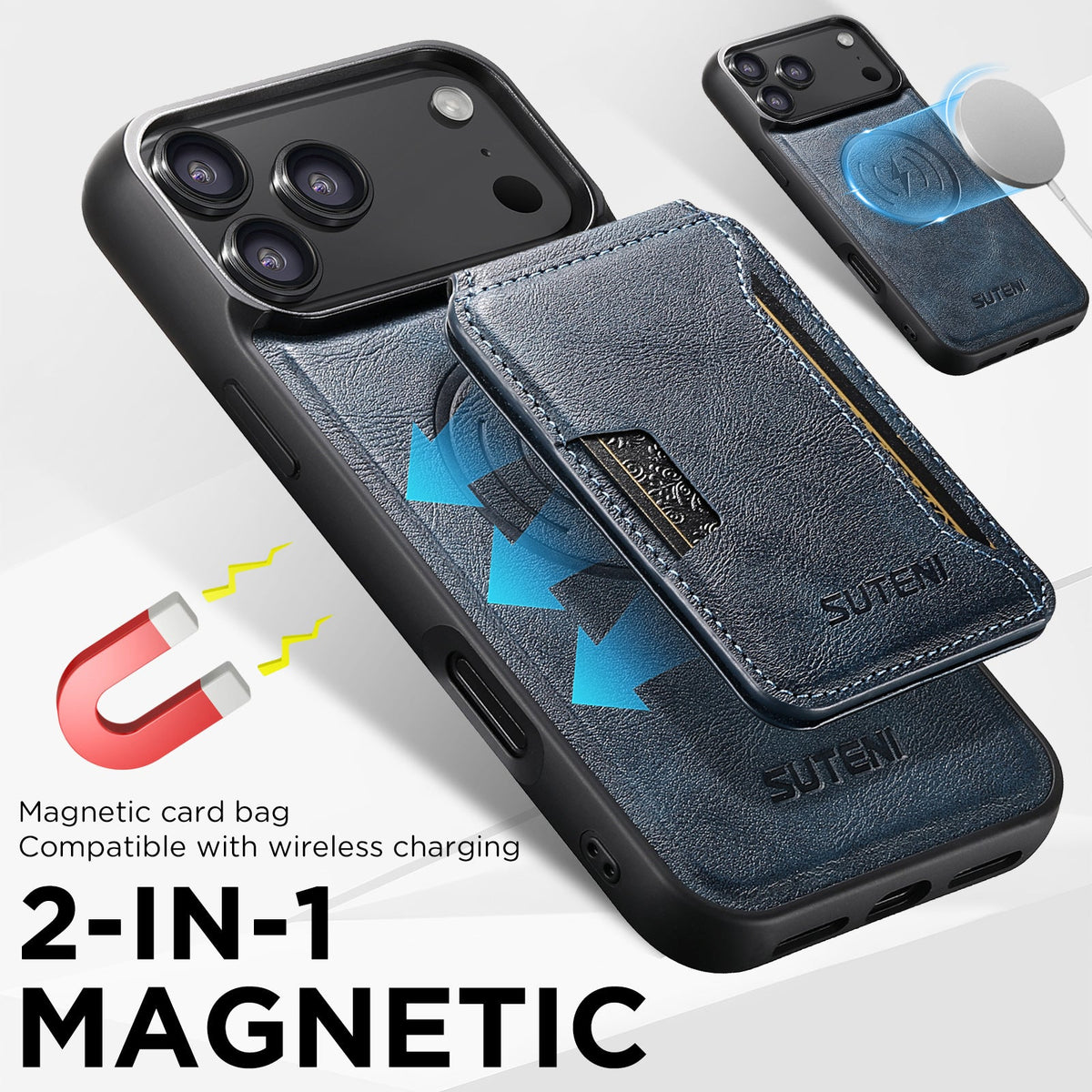 Vintage Waxed Leather MagSafe iPhone Case with Detachable Card Holder – Blue