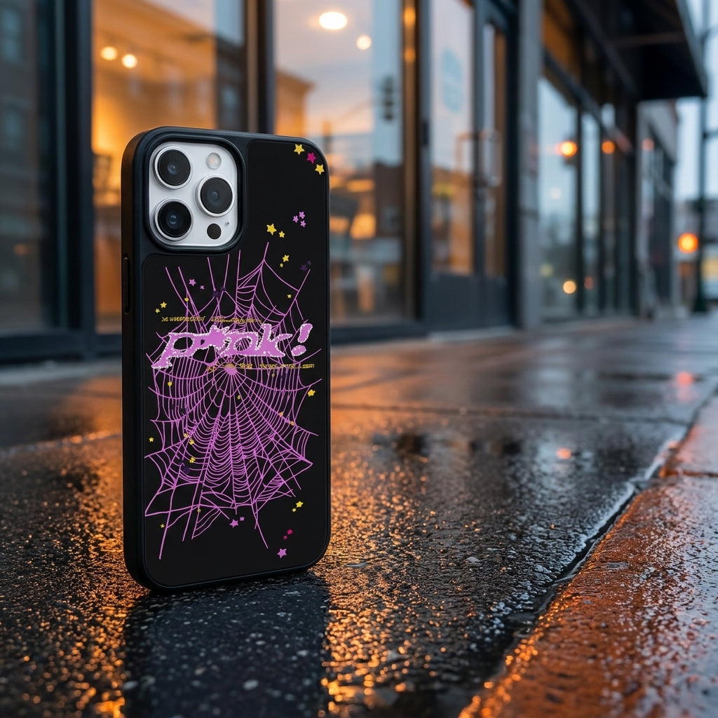 Spider Web Streetwear MagSafe Glass iPhone Case - Purple – lifestyle view 1