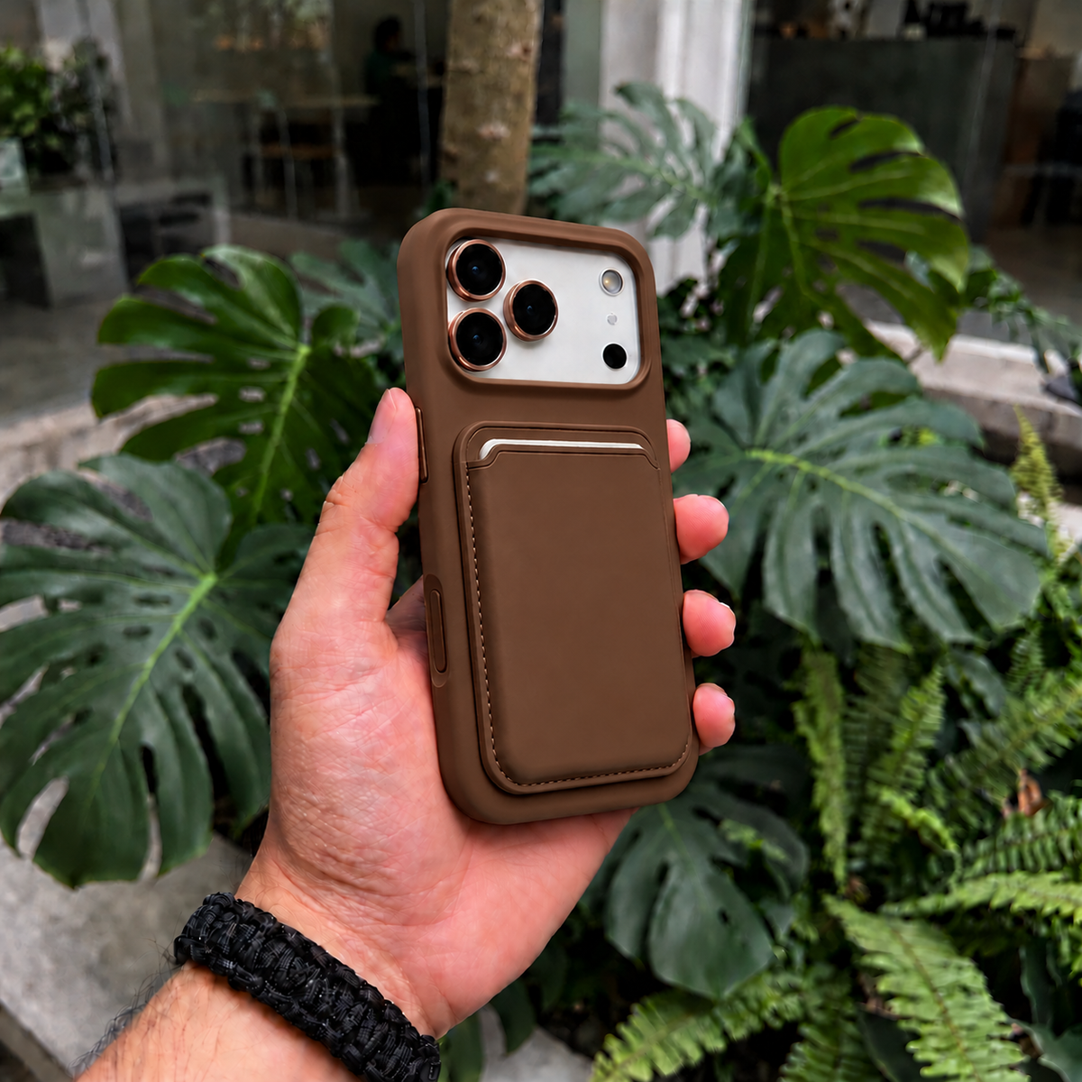 Premium Liquid Silicone iPhone Case with Magnetic Card Holder - Brown