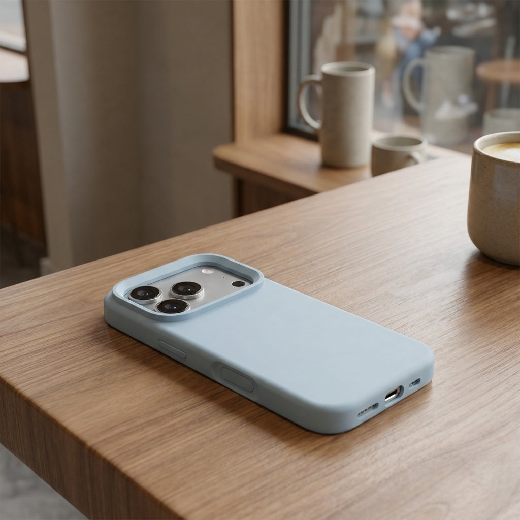 Premium Liquid Silicone iPhone Case – Open Camera – Blue Gray