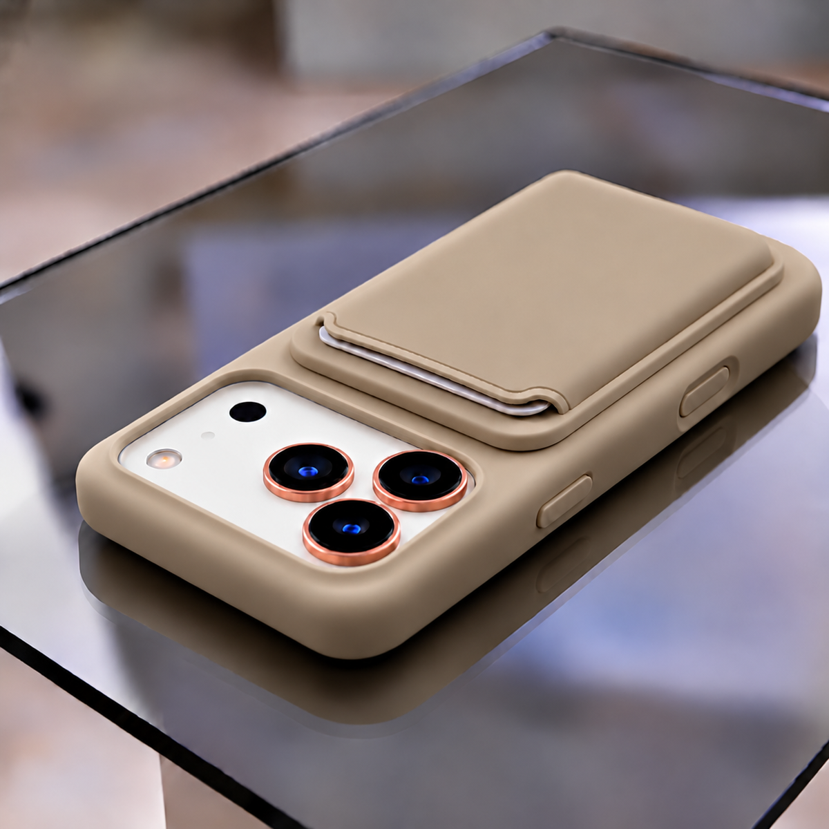 Premium Liquid Silicone iPhone Case with Magnetic Card Holder - Desert Gold