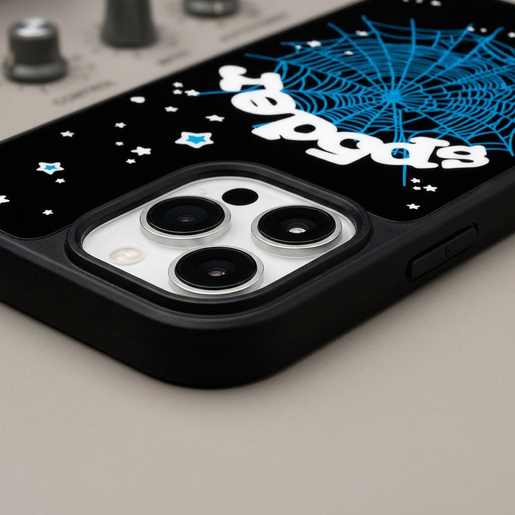 Spider Web Streetwear MagSafe Glass iPhone Case - Blue – lifestyle view 4