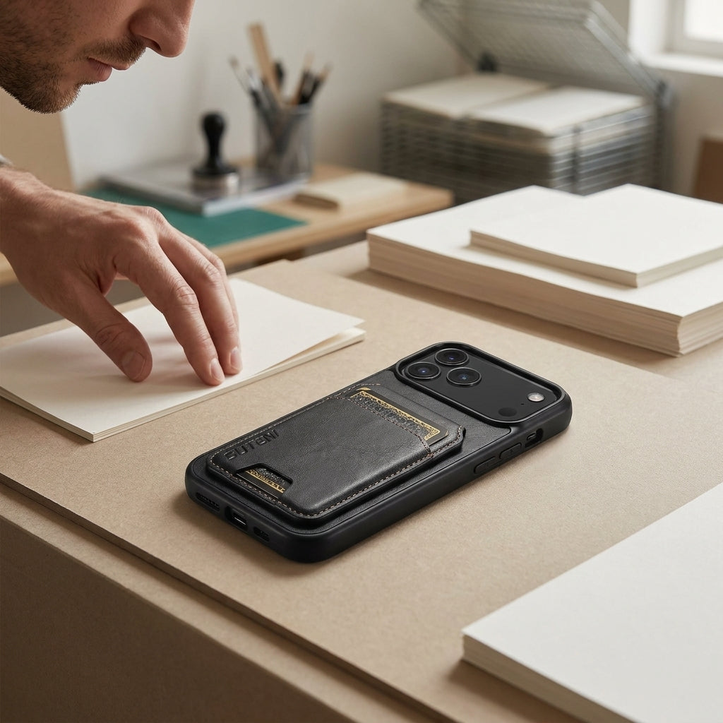 Vintage Waxed Leather iPhone Case with Built-in Card Holder – Black