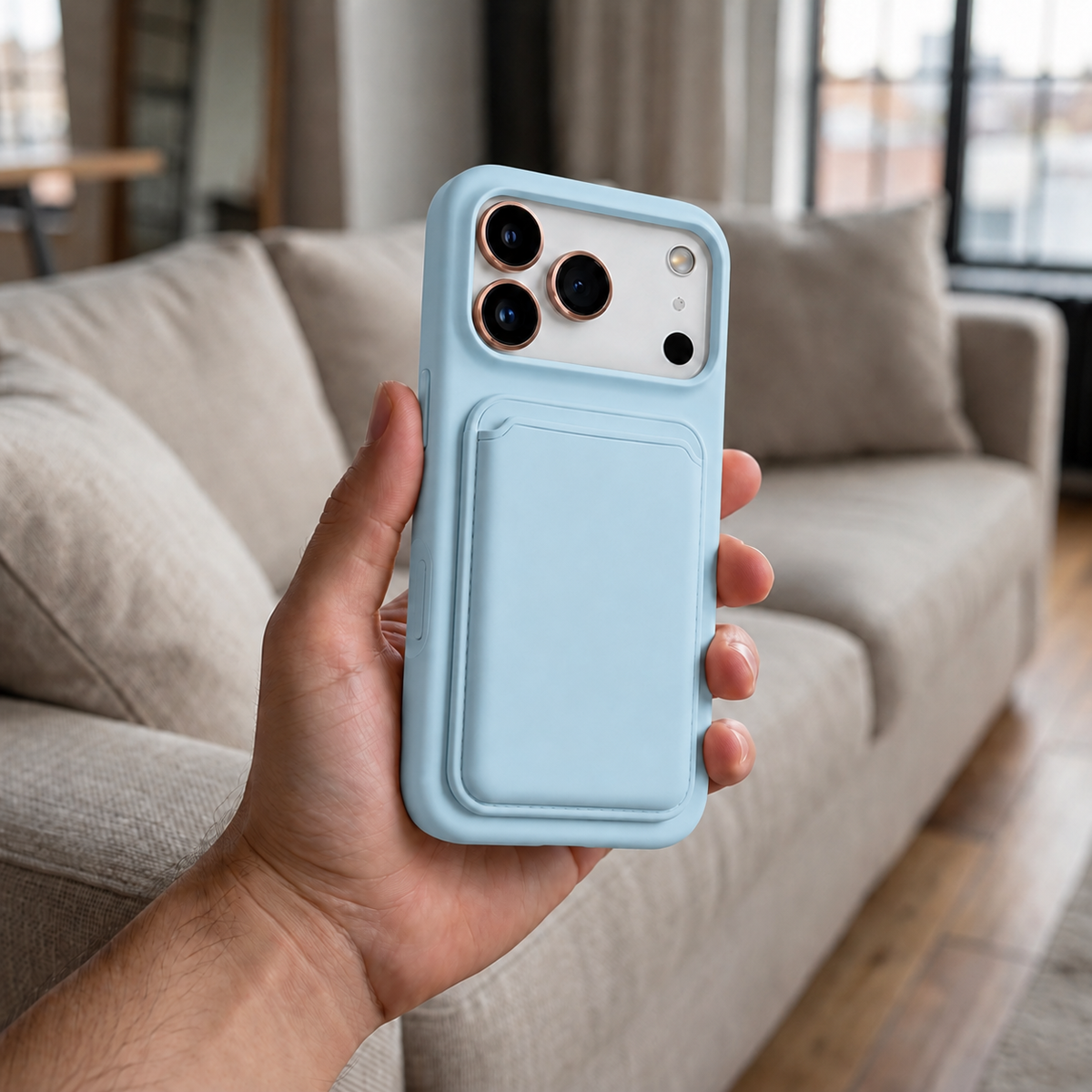 Premium Liquid Silicone iPhone Case with Magnetic Card Holder - Sky Blue