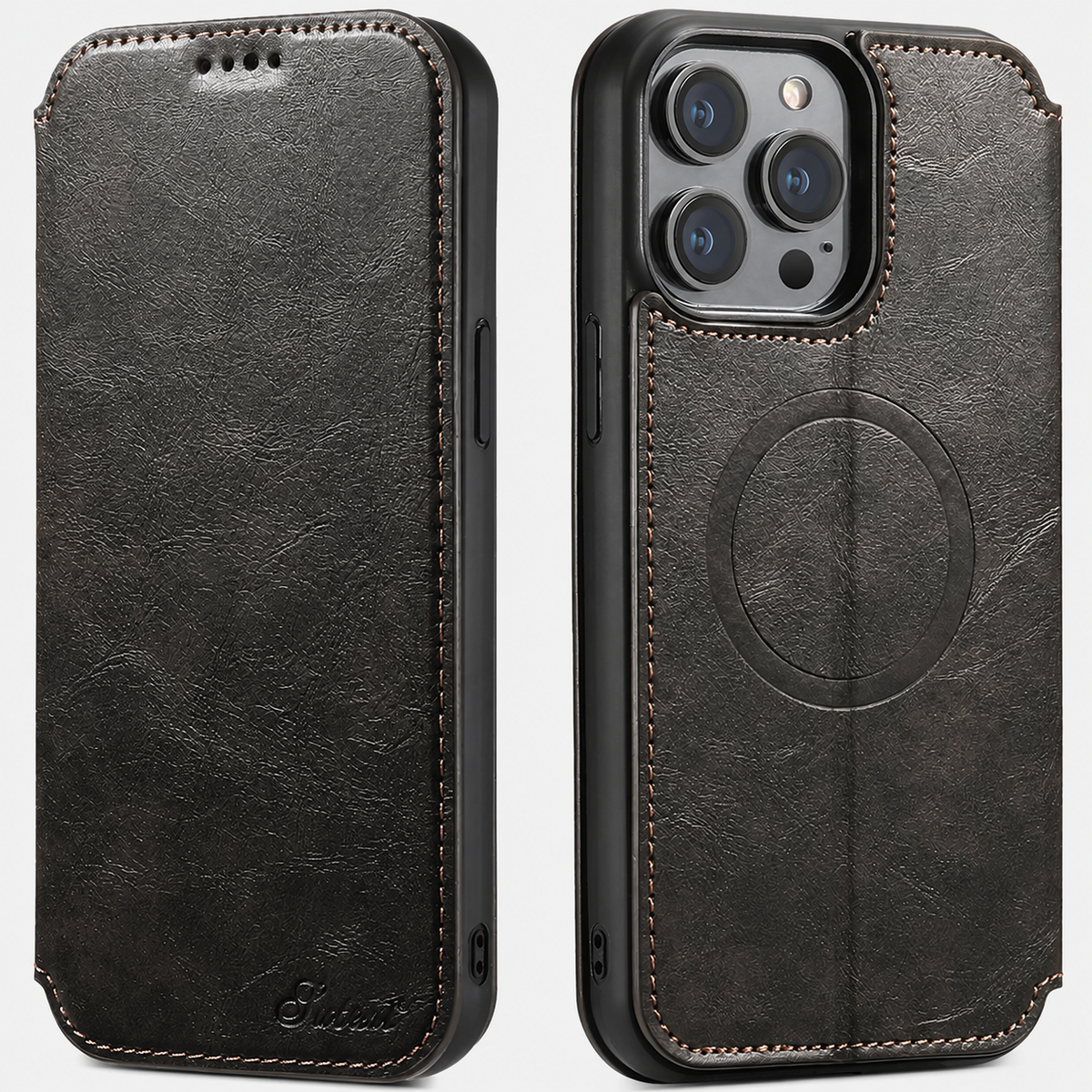 Vintage Waxed Leather MagSafe iPhone Case with Folio Card Holder - Black