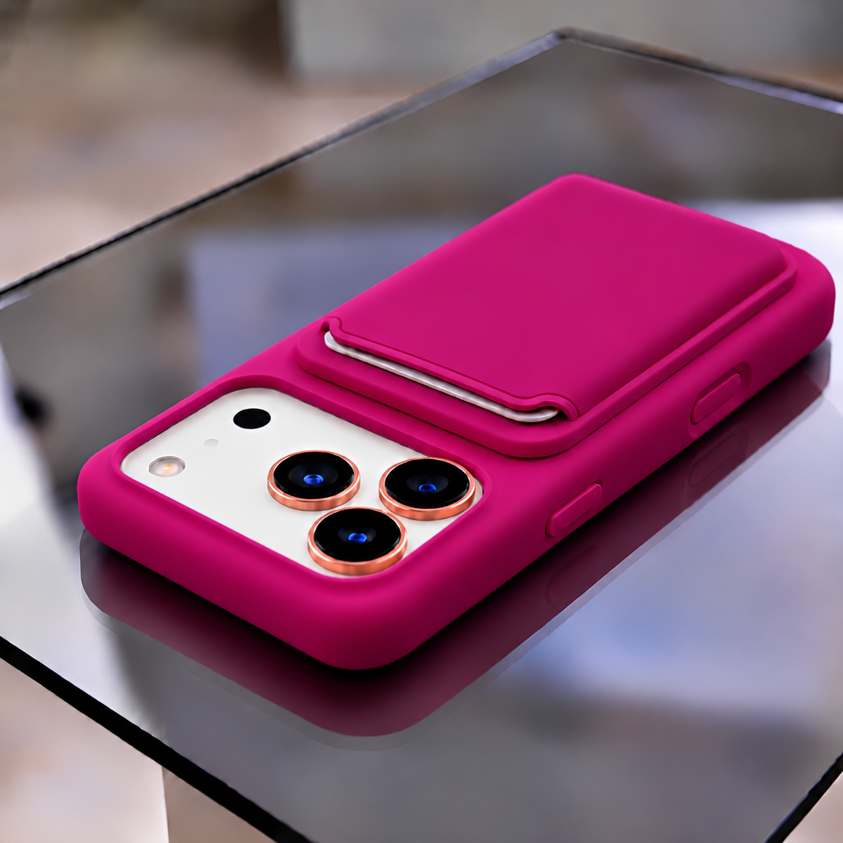Premium Liquid Silicone iPhone Case with Magnetic Card Holder - Magenta