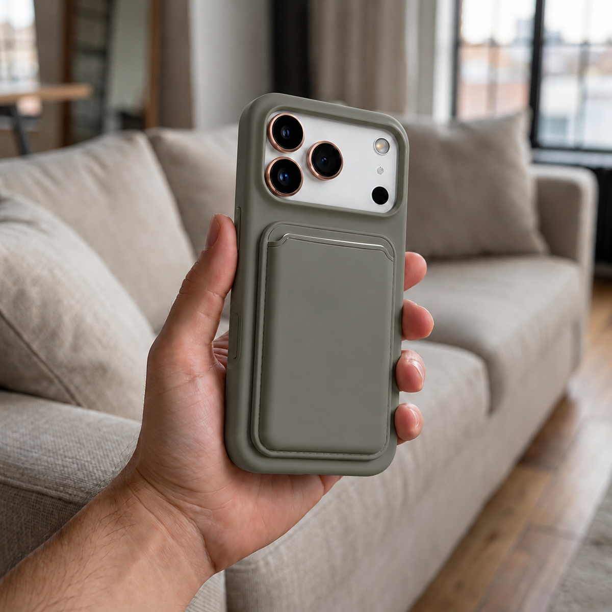 Premium Liquid Silicone iPhone Case with Magnetic Card Holder - Titanium Gray