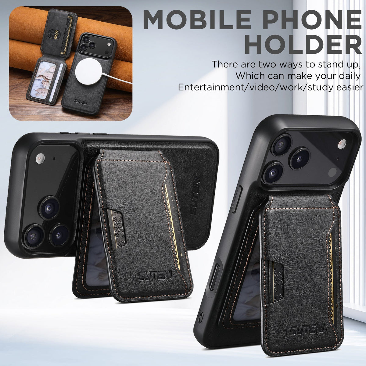 Vintage Waxed Leather MagSafe iPhone Case with Detachable Card Holder – Black