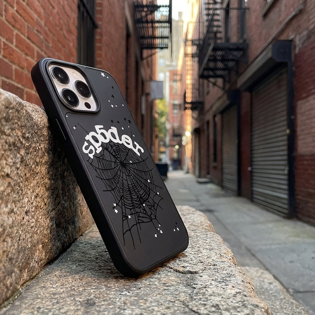 Spider Web Streetwear MagSafe Glass iPhone Case - Black – lifestyle view 5