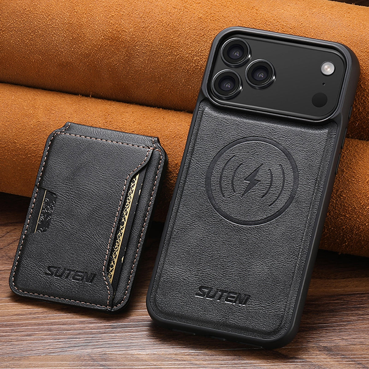 Vintage Waxed Leather MagSafe iPhone Case with Detachable Card Holder – Black