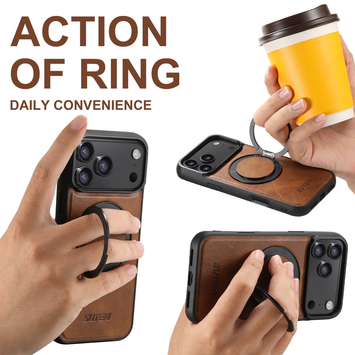 Vintage Waxed Leather MagSafe iPhone Case with Rotating Ring Holder - Brown