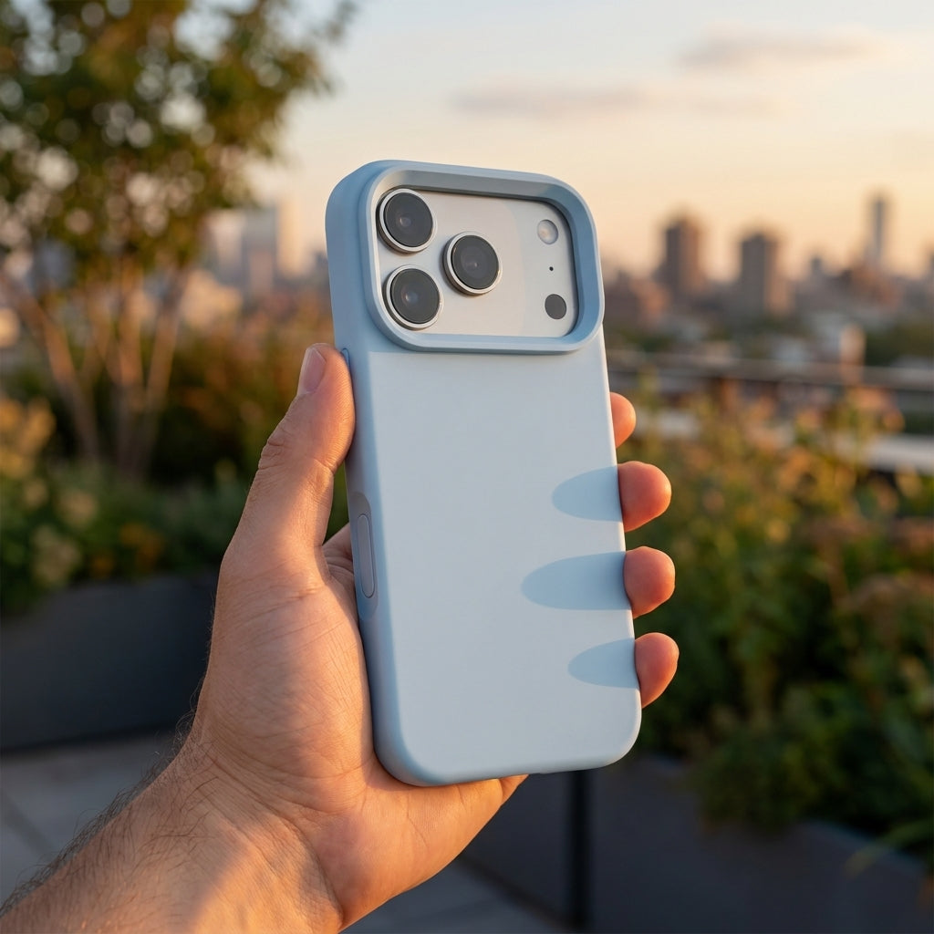 Premium Liquid Silicone iPhone Case – Open Camera – Blue Gray