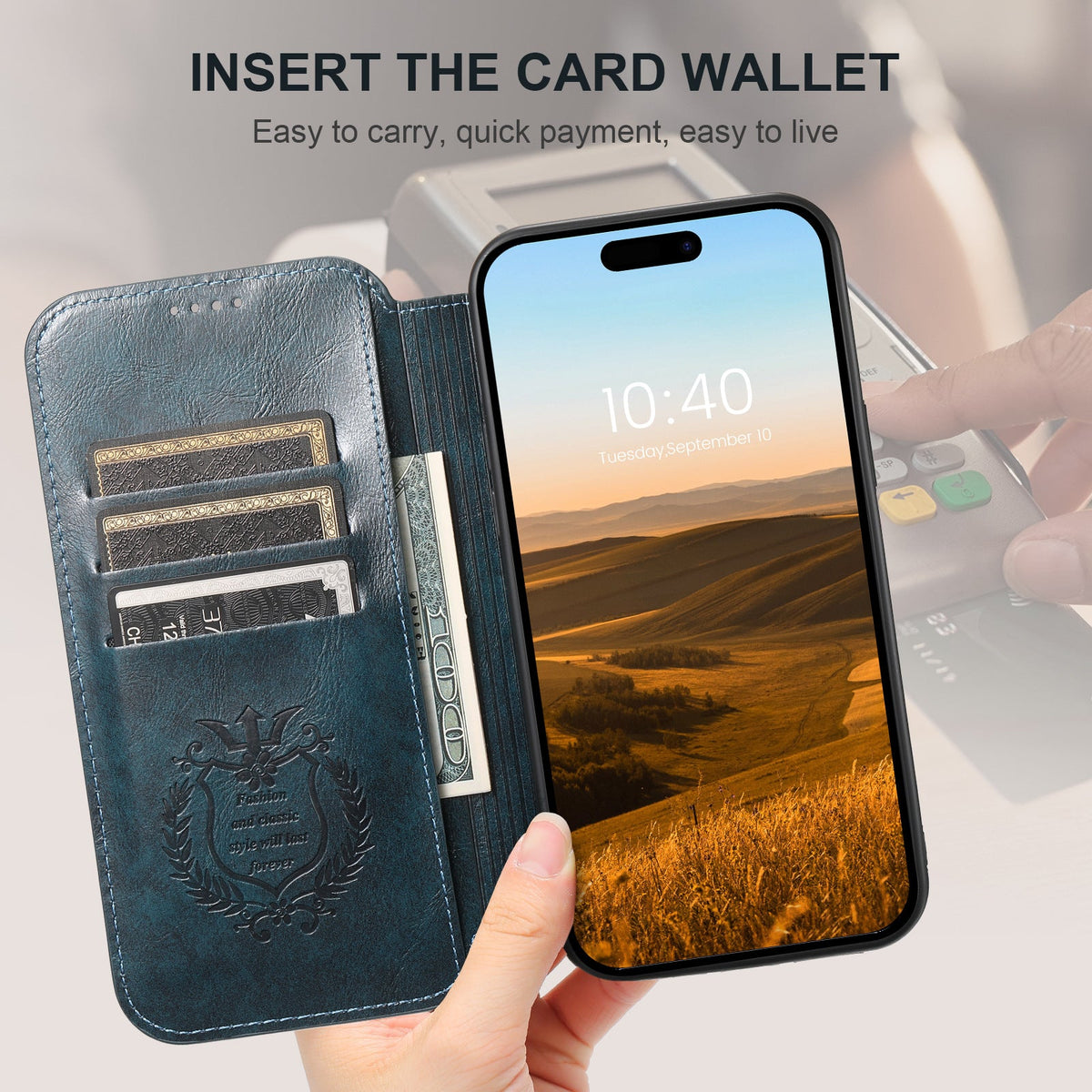 Vintage Waxed Leather MagSafe iPhone Case with Folio Card Holder - Blue