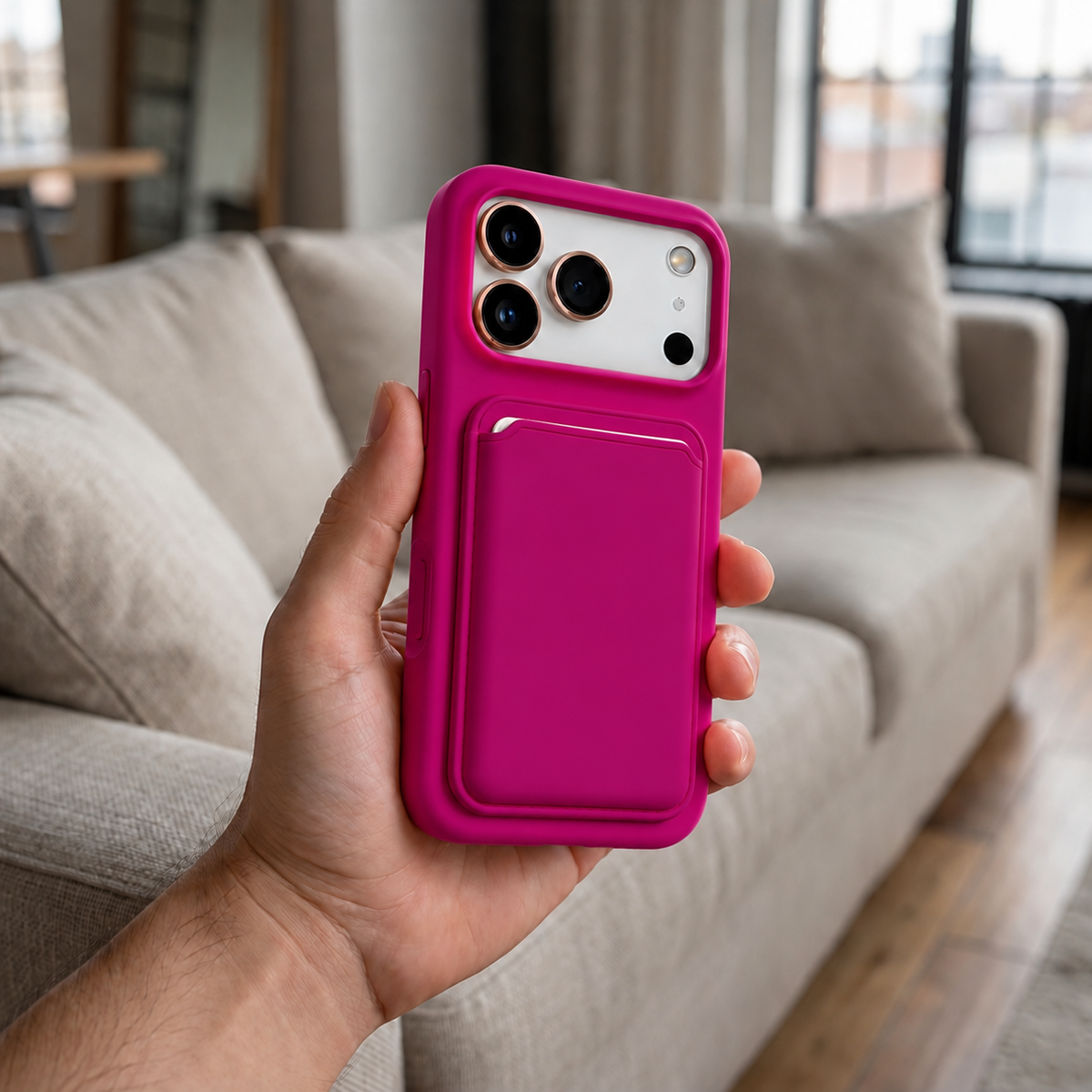 Premium Liquid Silicone iPhone Case with Magnetic Card Holder - Magenta