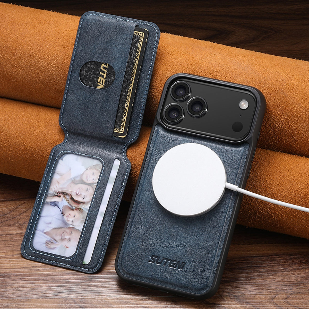 Vintage Waxed Leather MagSafe iPhone Case with Detachable Card Holder – Blue