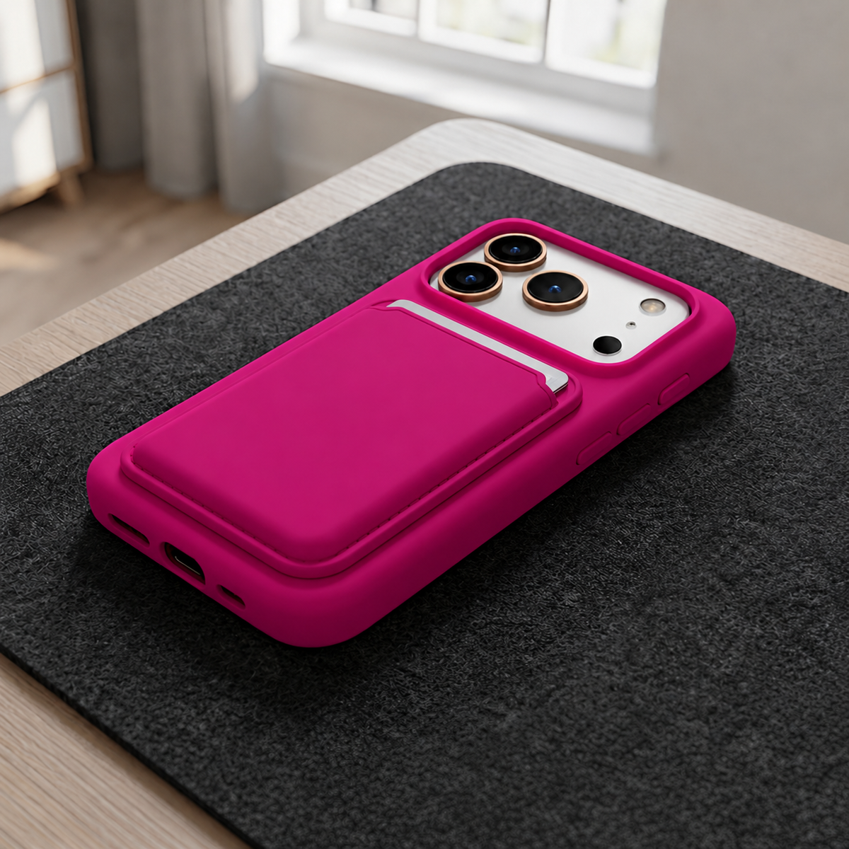 Premium Liquid Silicone iPhone Case with Magnetic Card Holder - Magenta