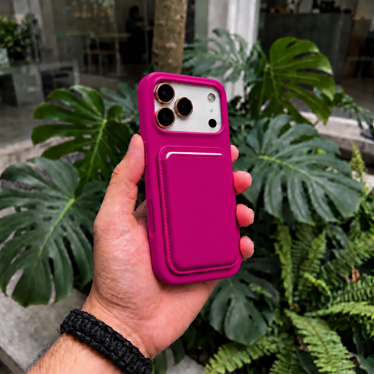Premium Liquid Silicone iPhone Case with Magnetic Card Holder - Magenta