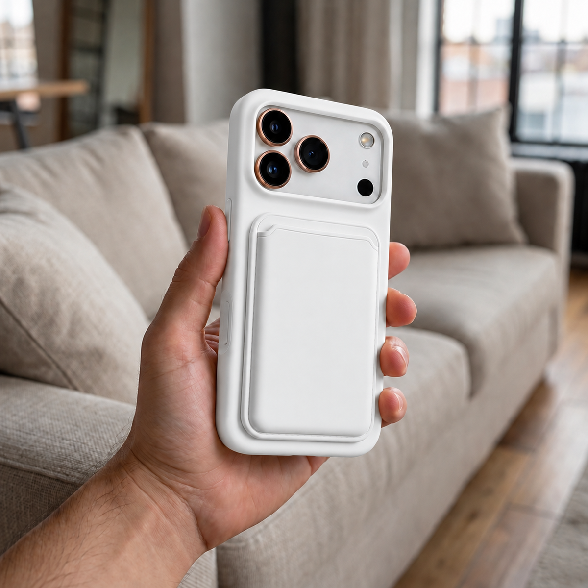 Premium Liquid Silicone iPhone Case with Magnetic Card Holder - White