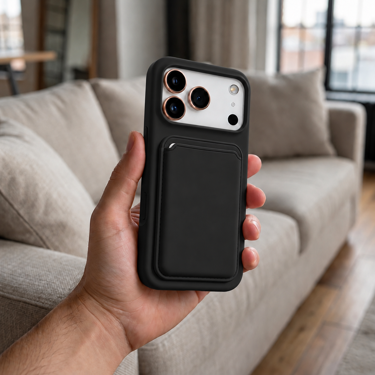 Premium Liquid Silicone iPhone Case with Magnetic Card Holder - Black