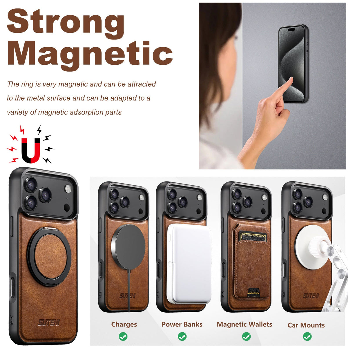 Vintage Waxed Leather MagSafe iPhone Case with Rotating Ring Holder - Brown