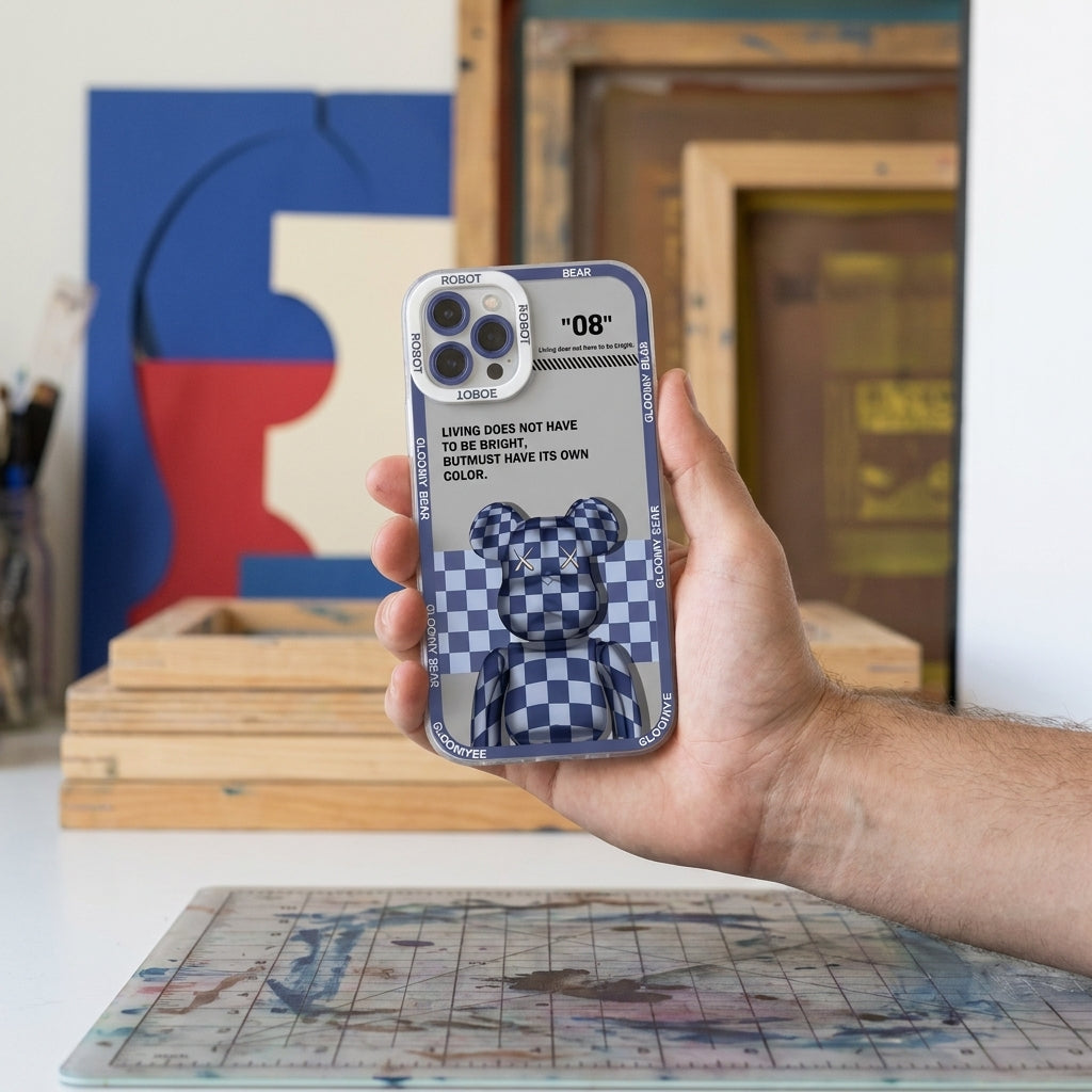 Y2K Blue Plaid Bear Graphic iPhone Case – lifestyle view 6