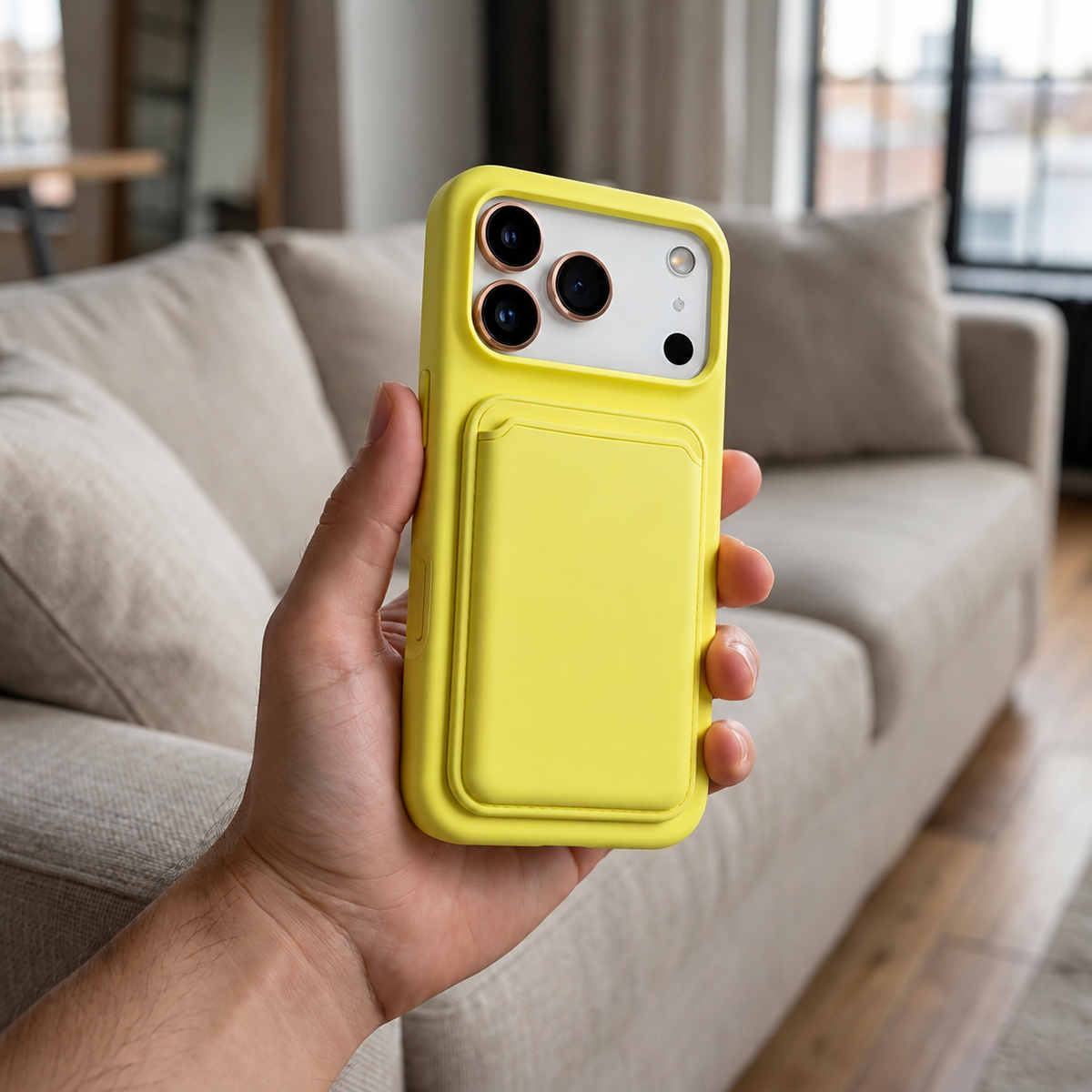 Premium Liquid Silicone iPhone Case with Magnetic Card Holder - Milk Yellow