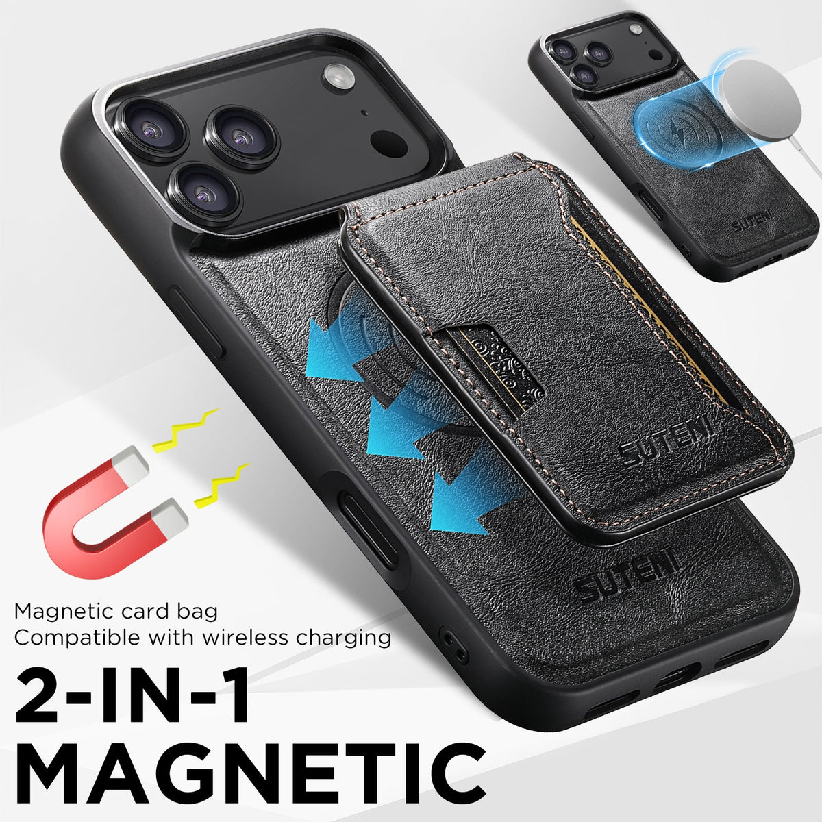 Vintage Waxed Leather MagSafe iPhone Case with Detachable Card Holder – Black