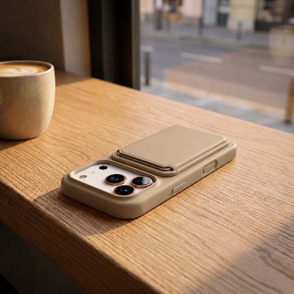 Premium Liquid Silicone iPhone Case with Magnetic Card Holder - Desert Gold