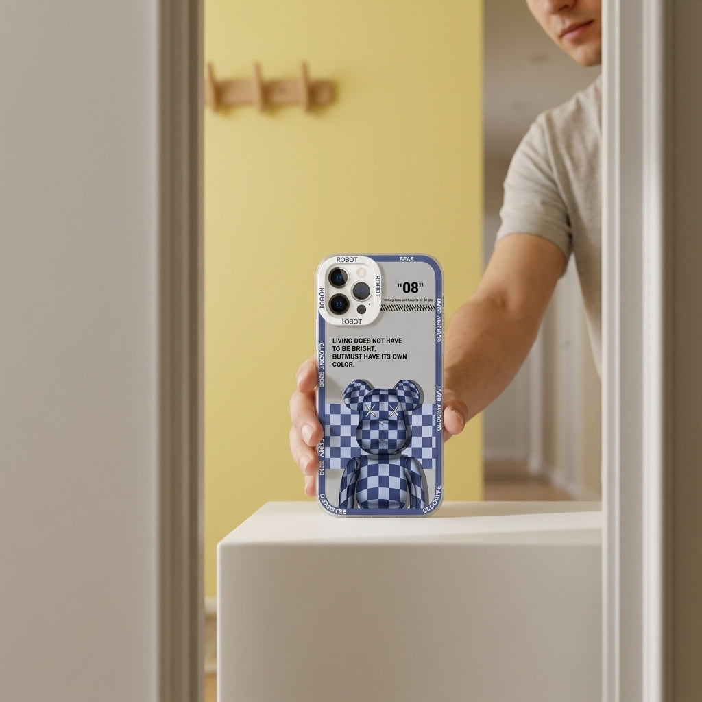 Y2K Blue Plaid Bear Graphic iPhone Case