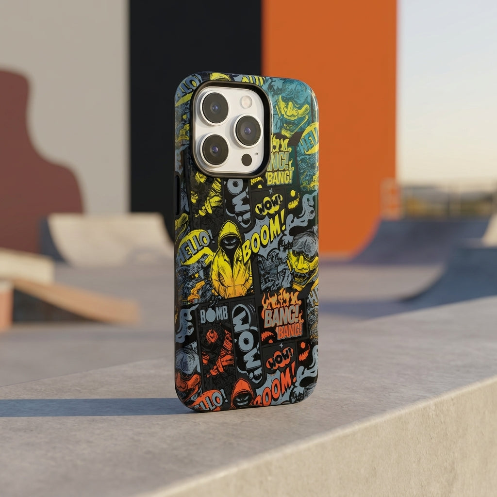 Comic Chaos Yellow Matte Glass MagSafe iPhone Case – lifestyle view 1