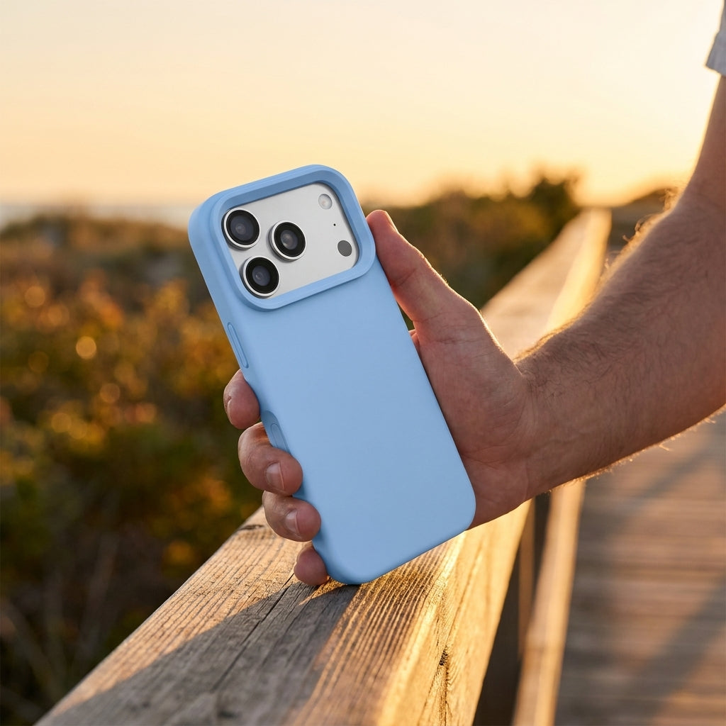 Premium Liquid Silicone iPhone Case – Open Camera – Cloud Blue