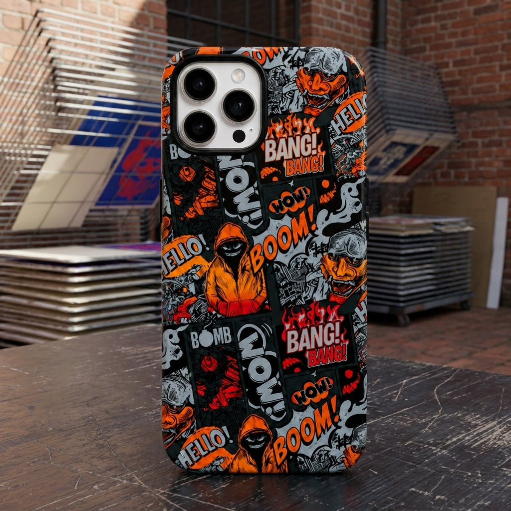 Comic Chaos Orange Matte Glass MagSafe iPhone Case – lifestyle view 1