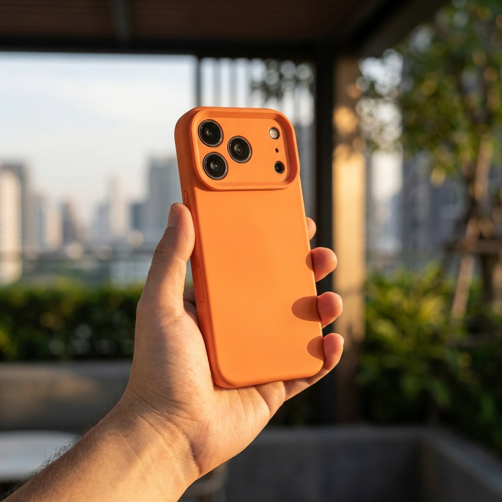 Premium Liquid Silicone iPhone Case – Precision Camera – Tangerine