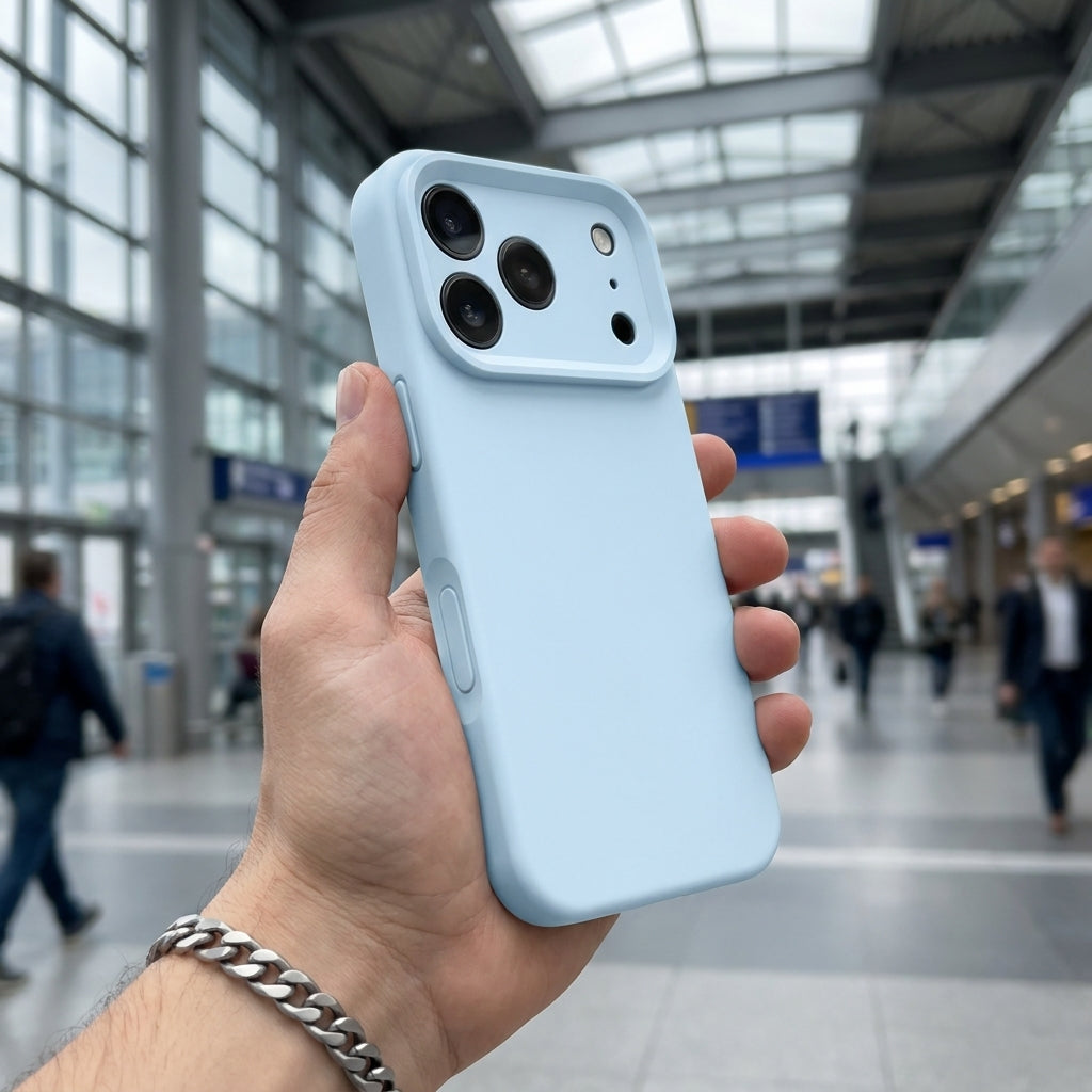 Premium Liquid Silicone iPhone Case – Precision Camera – Sky Blue