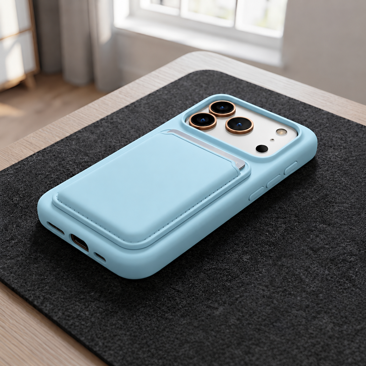 Premium Liquid Silicone iPhone Case with Magnetic Card Holder - Sky Blue