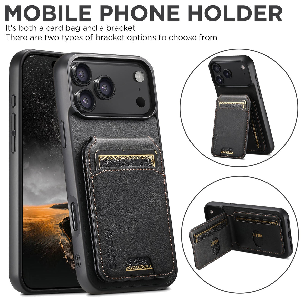 Vintage Waxed Leather iPhone Case with Built-in Card Holder – Black
